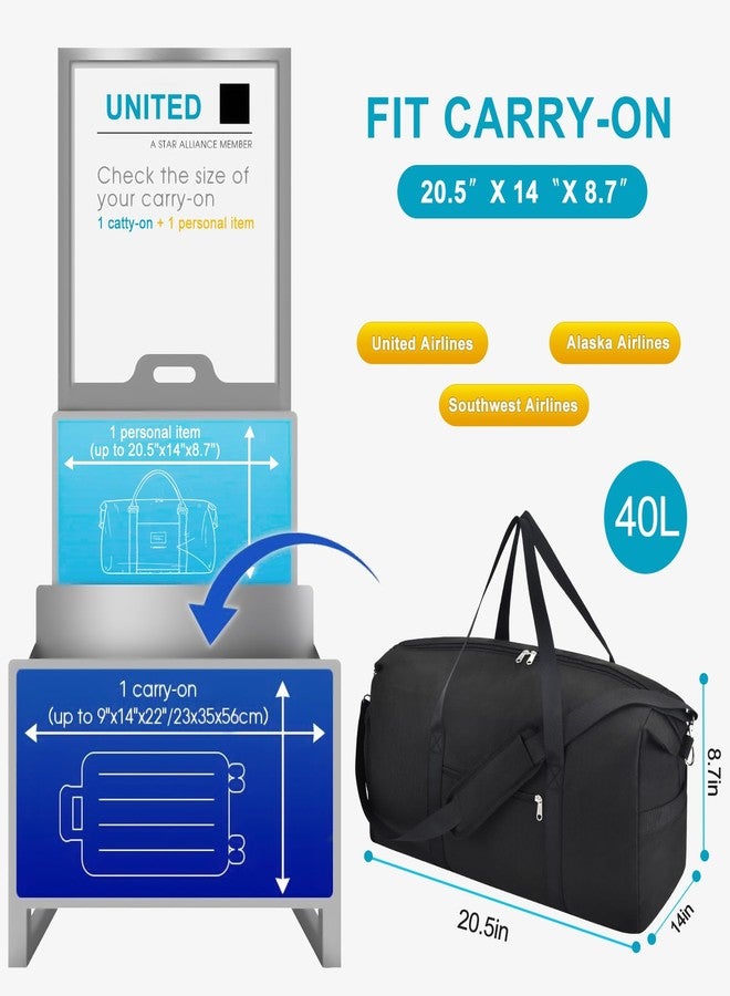 Felipe Varela Carry on luaggage 22x14x9 Airlines Approved, Foldable Travel Duffel Bags Weekender Overnight Carry on Duffel Luggage Gym Duffle Bag with Wet Pocket & Shoe Compartment for Women Men(Black, 40L) - Image 3
